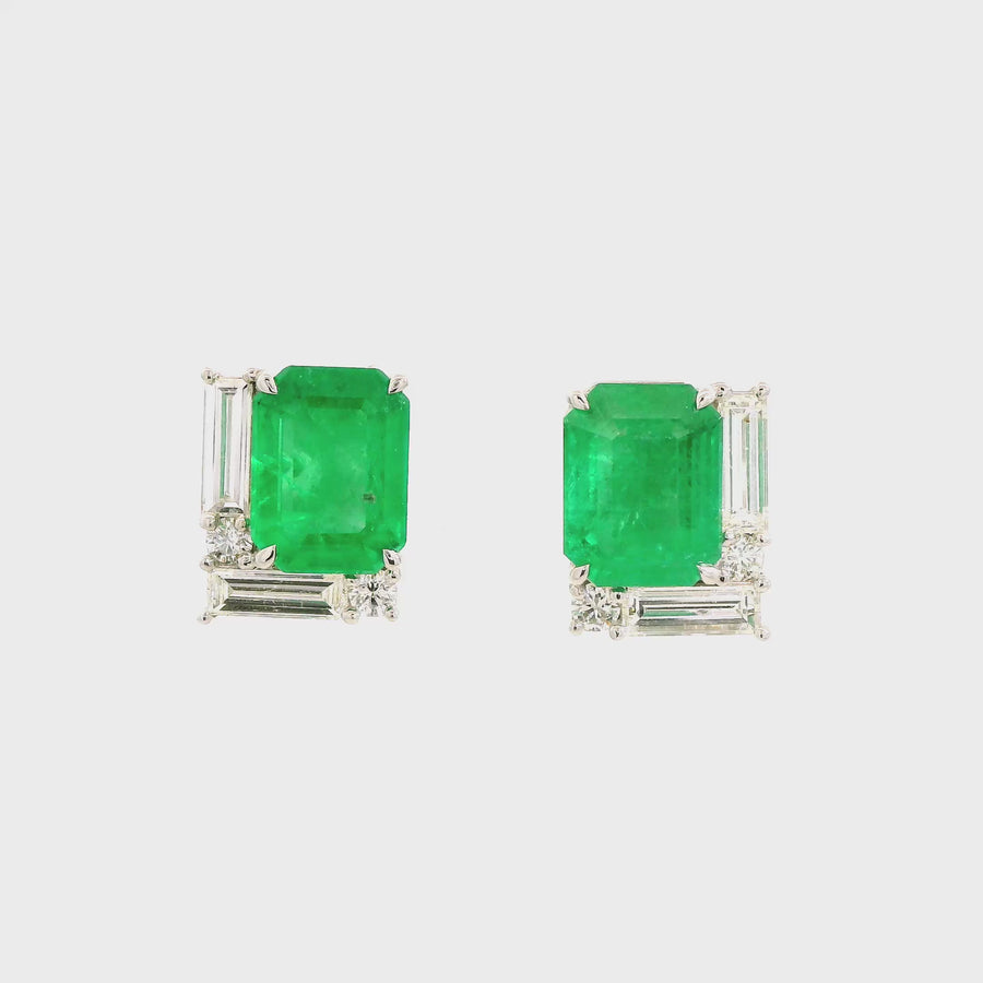 Geometric Style Emerald, Diamond & White Gold Studs