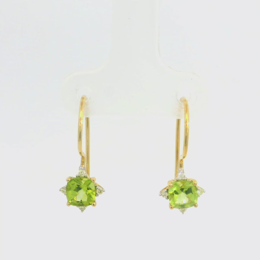 Cushion Cut Peridot & Diamond Drop Earrings