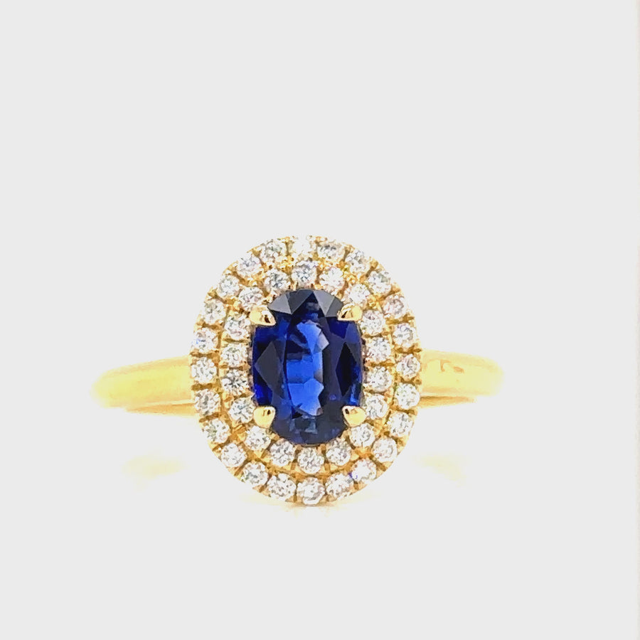 Double Halo Sapphire, Diamond & Yellow Gold Ring