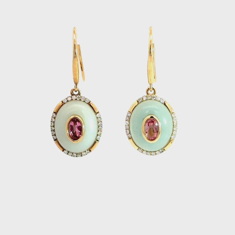 Amazonite, Pink Tourmaline & Diamond Drop Earrings
