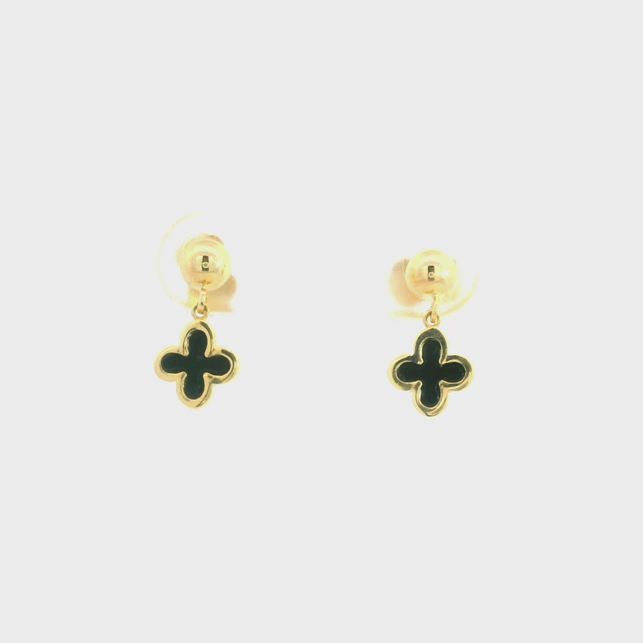 Onyx & Yellow Gold Clover Shaped Drops