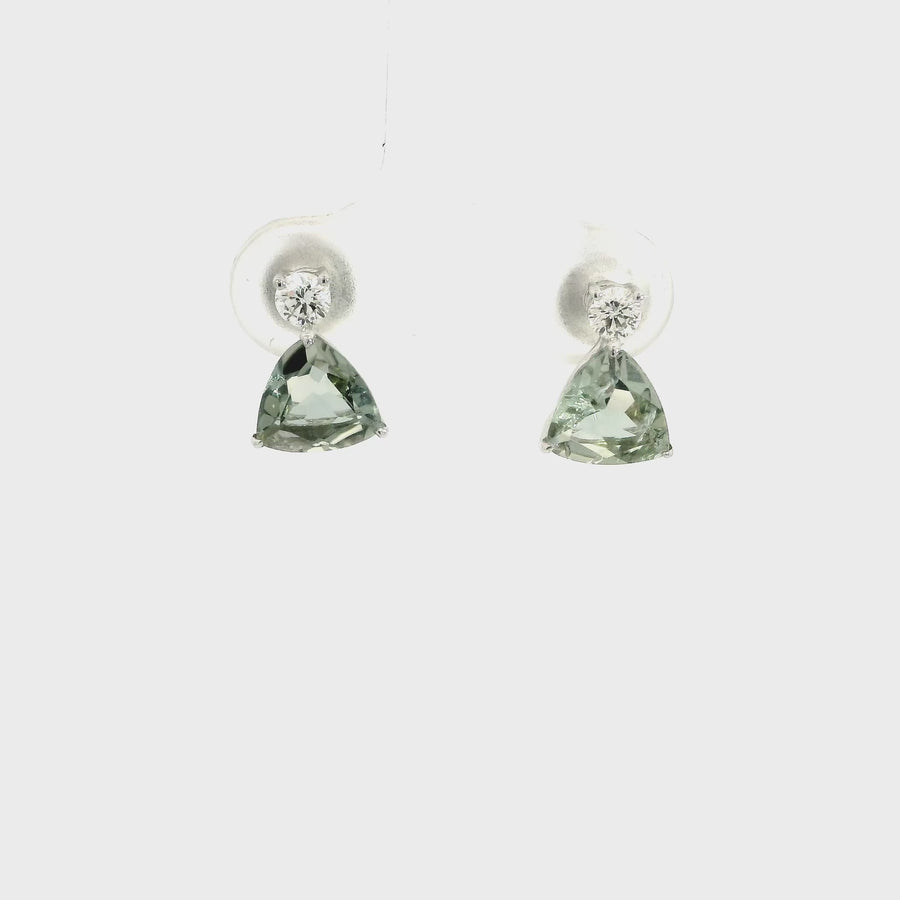 Trilliant Cut Green Tourmaline & Diamond Studs