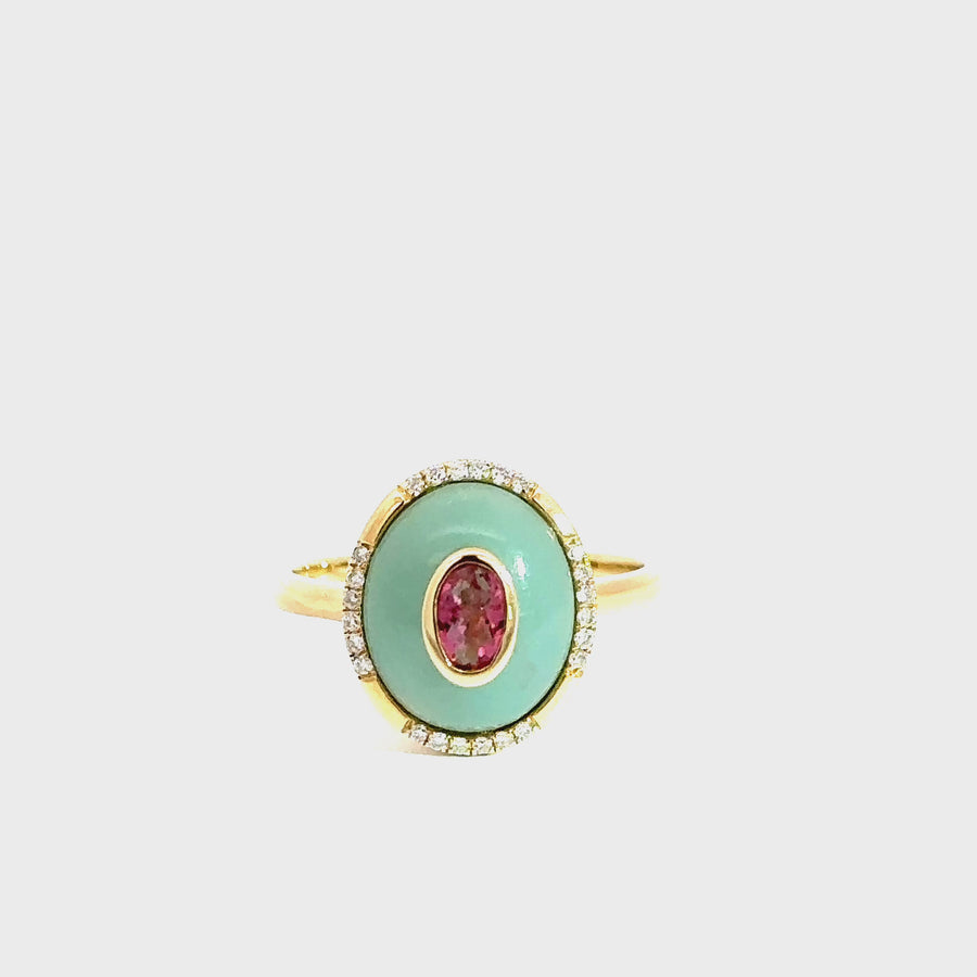 Small Amazonite, Pink Tourmaline, Diamond & Yellow Gold Ring