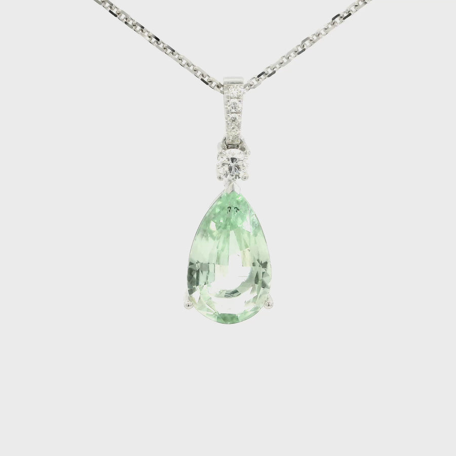 Pear Cut Light Green Tourmaline & Diamond Pendant