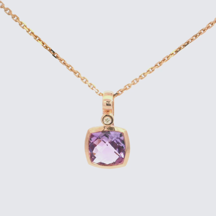 Cushion Cut Amethyst, Diamond & Rose Gold Pendant