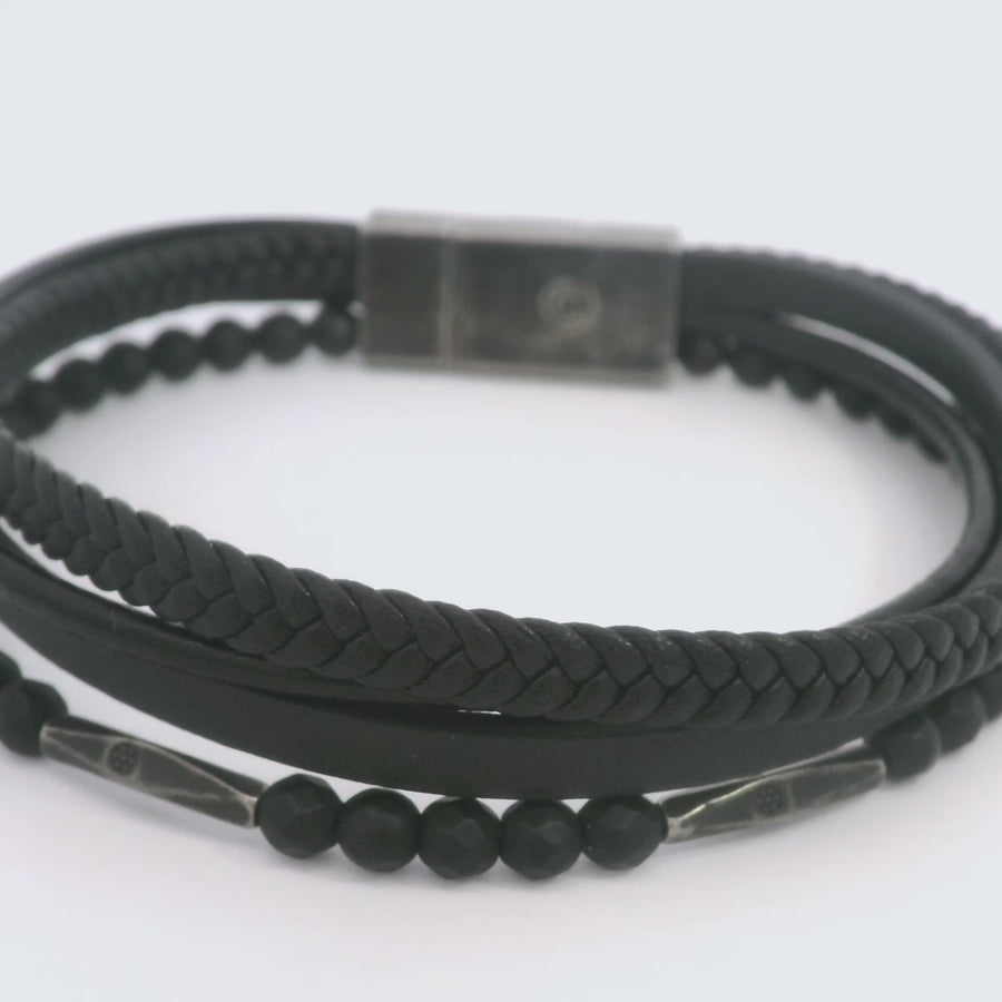 Black Italian Leather Layered Gents Bracelet