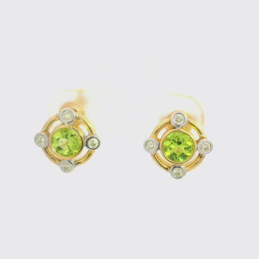 Peridot, Diamond, White & Yellow Gold Bezel Set Studs