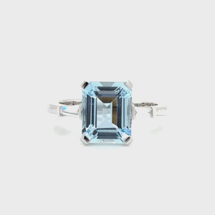 Emerald Cut Aquamarine & Baguette Diamond Ring