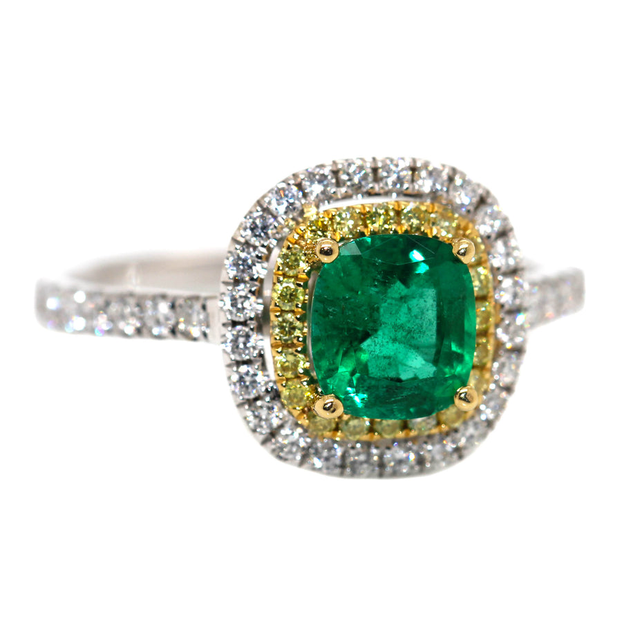 Cushion Cut Emerald, Yellow & White Diamond Dress Ring