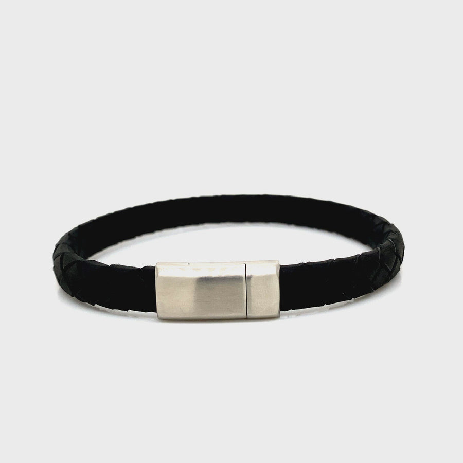 Black Italian Leather & Stainless Steel Gent's Bracelet