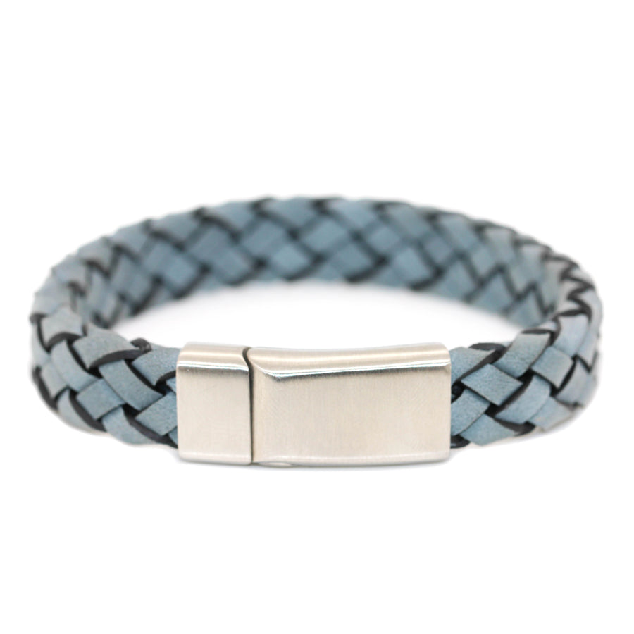 Blue Italian Leather & Stainless Steel Gent's Bracelet