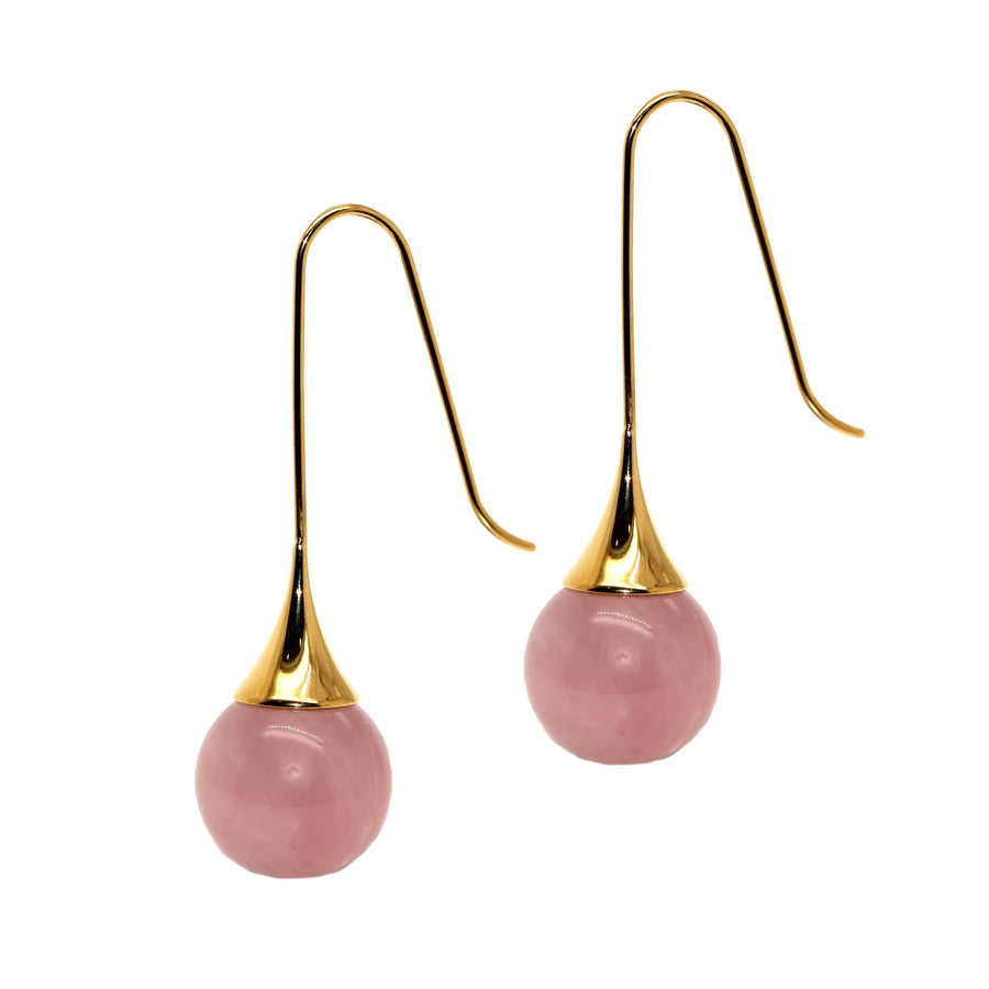 Stainless Steel, Yellow Gold Plate & Rose Quartz Drop Earrings