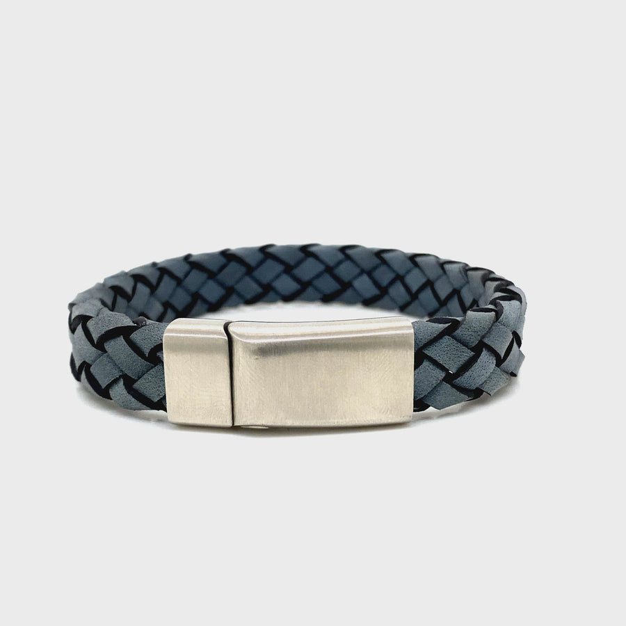 Blue Italian Leather & Stainless Steel Gent's Bracelet