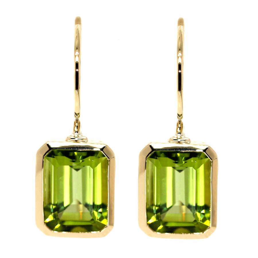 Peridot & Yellow Gold Emerald Cut Drop Earrings