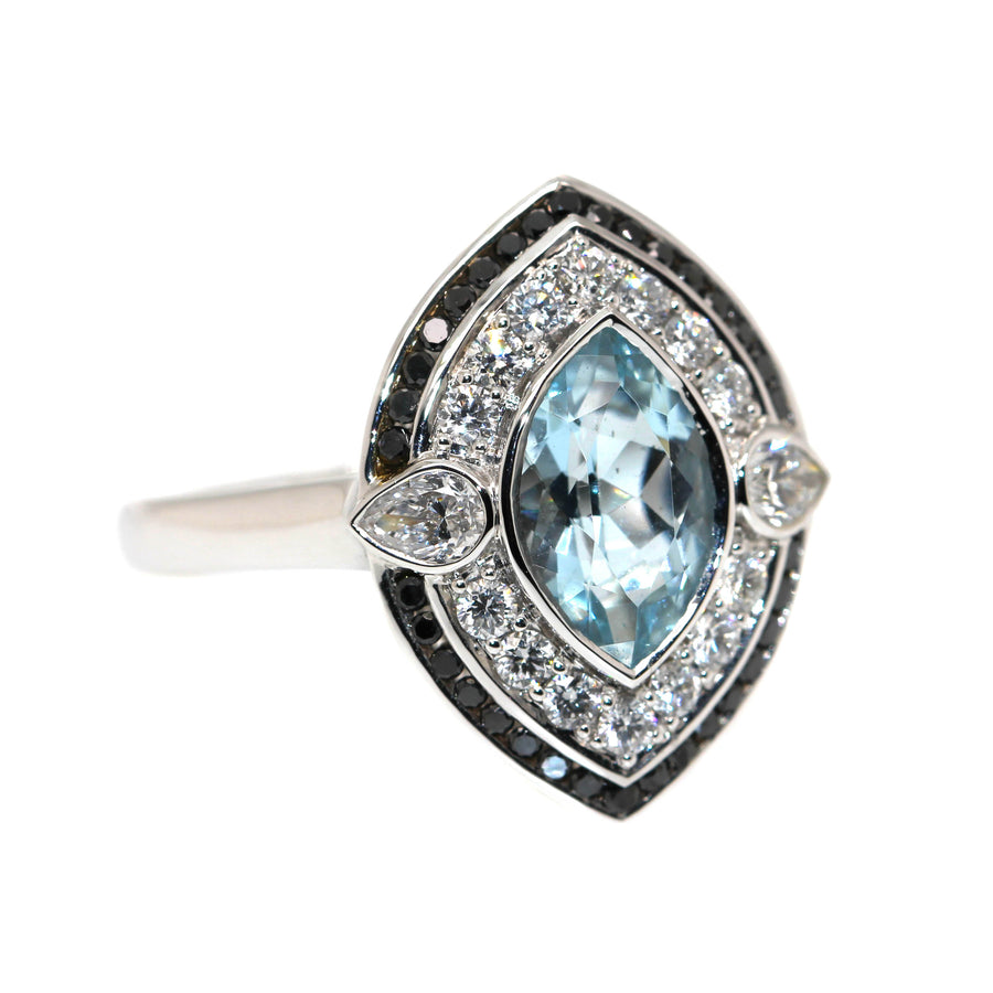 Aquamarine, Black & White Diamond Dress Ring