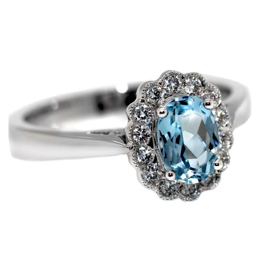 Aquamarine & Diamond Scalloped Halo Dress Ring