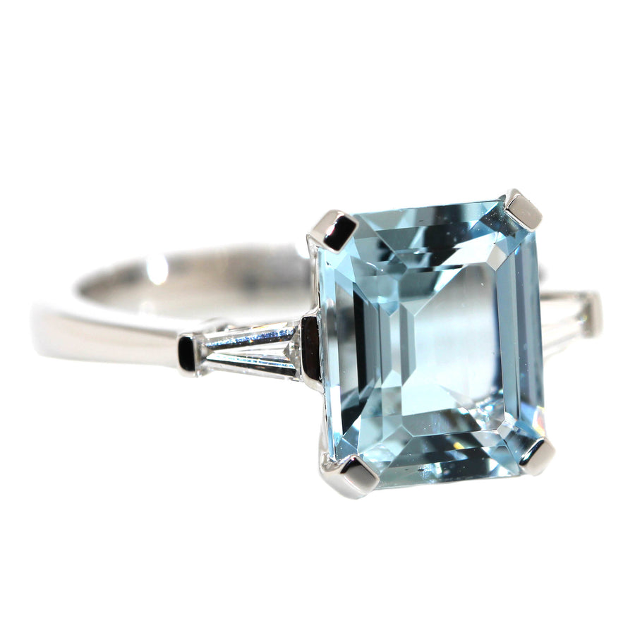 Emerald Cut Aquamarine & Baguette Diamond Ring
