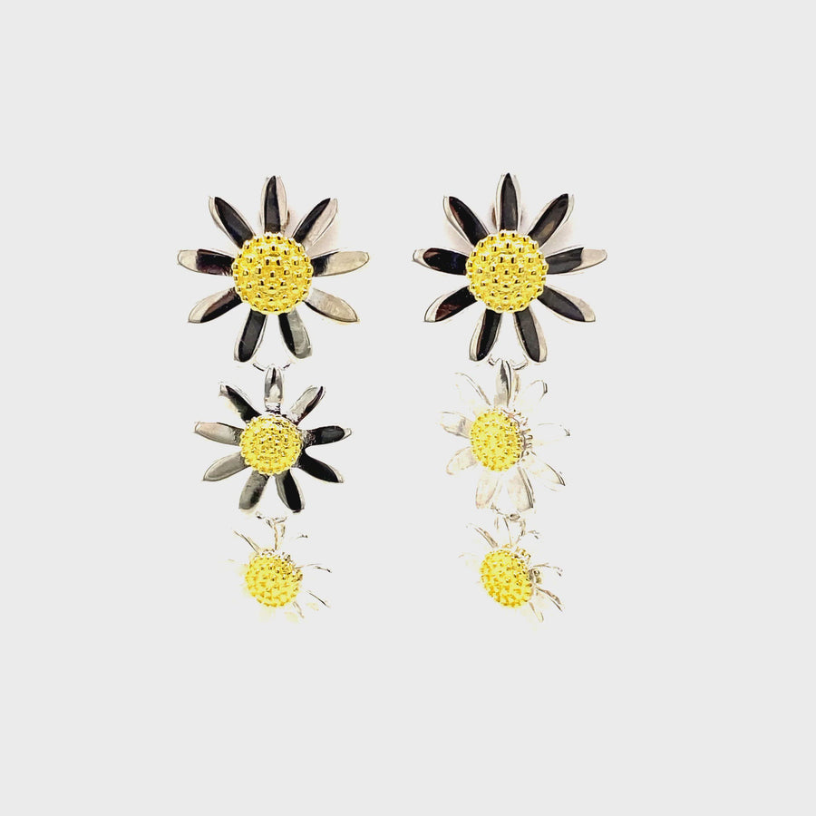 Sterling Silver & Yellow Gold Plated Daisy Drop Earrings