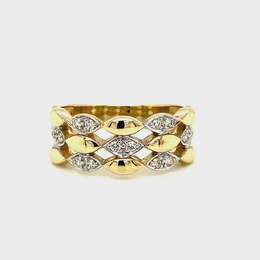 Diamond & Yellow Gold Three Row Dress Ring