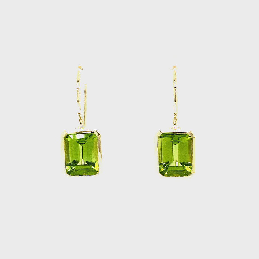 Peridot & Yellow Gold Emerald Cut Drop Earrings
