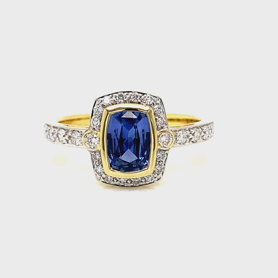 Ceylon Sapphire, Diamond, White & Yellow Gold Ring