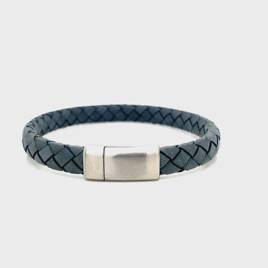 Blue Italian Leather & Stainless Steel Gent's Bracelet
