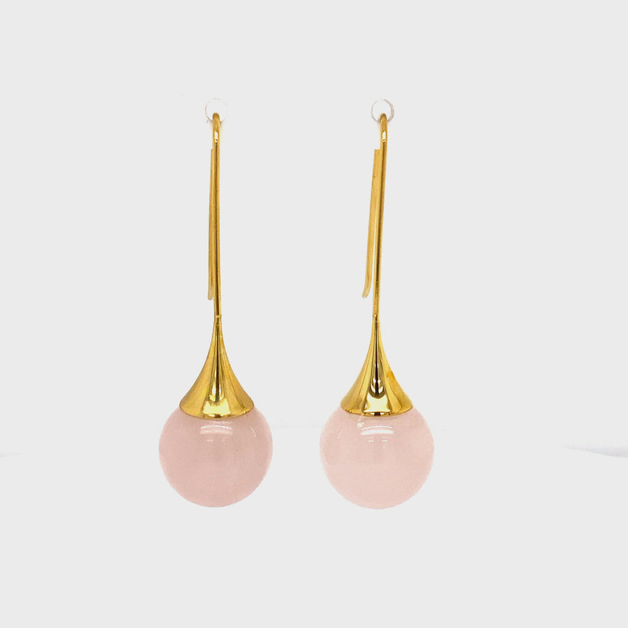 Stainless Steel, Yellow Gold Plate & Rose Quartz Drop Earrings