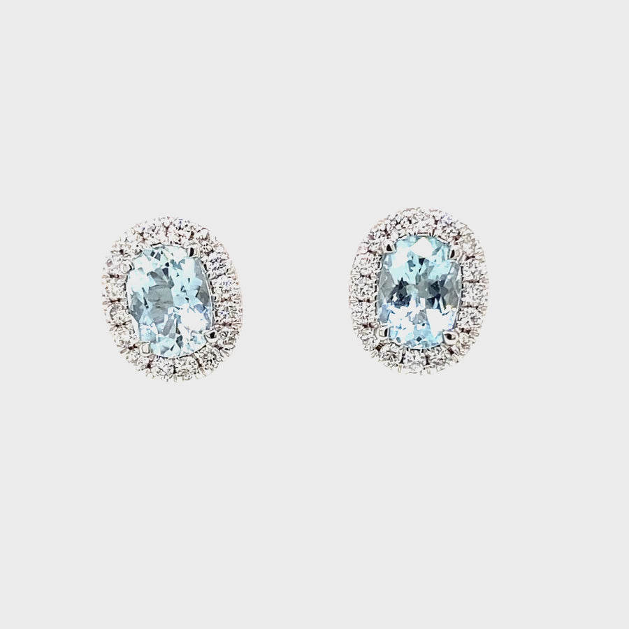 Oval Cut Aquamarine & Diamond Stud Earrings